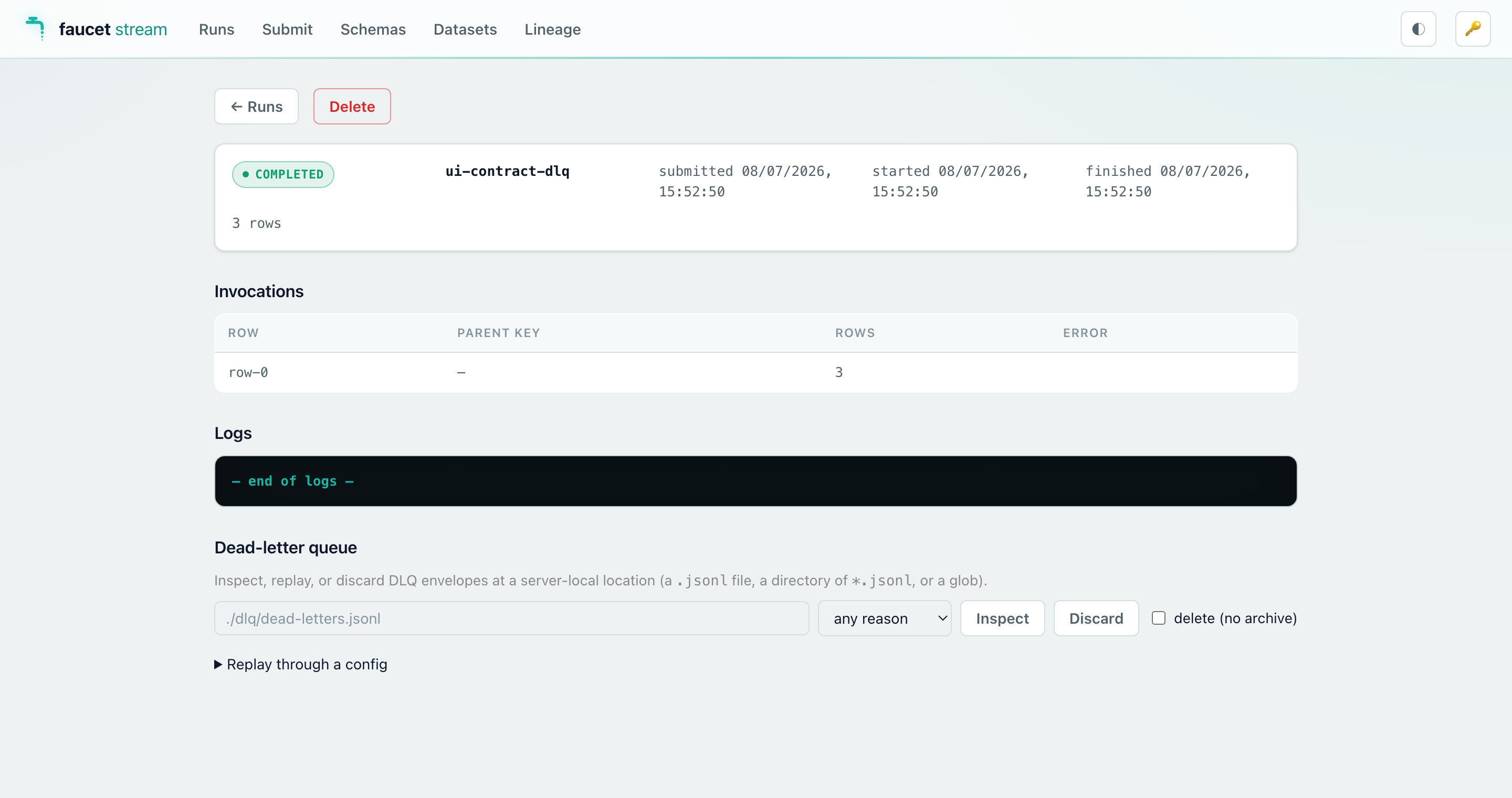 A run’s detail view showing the status summary, invocations table, live log panel, and the dead-letter-queue inspect/replay/discard panel