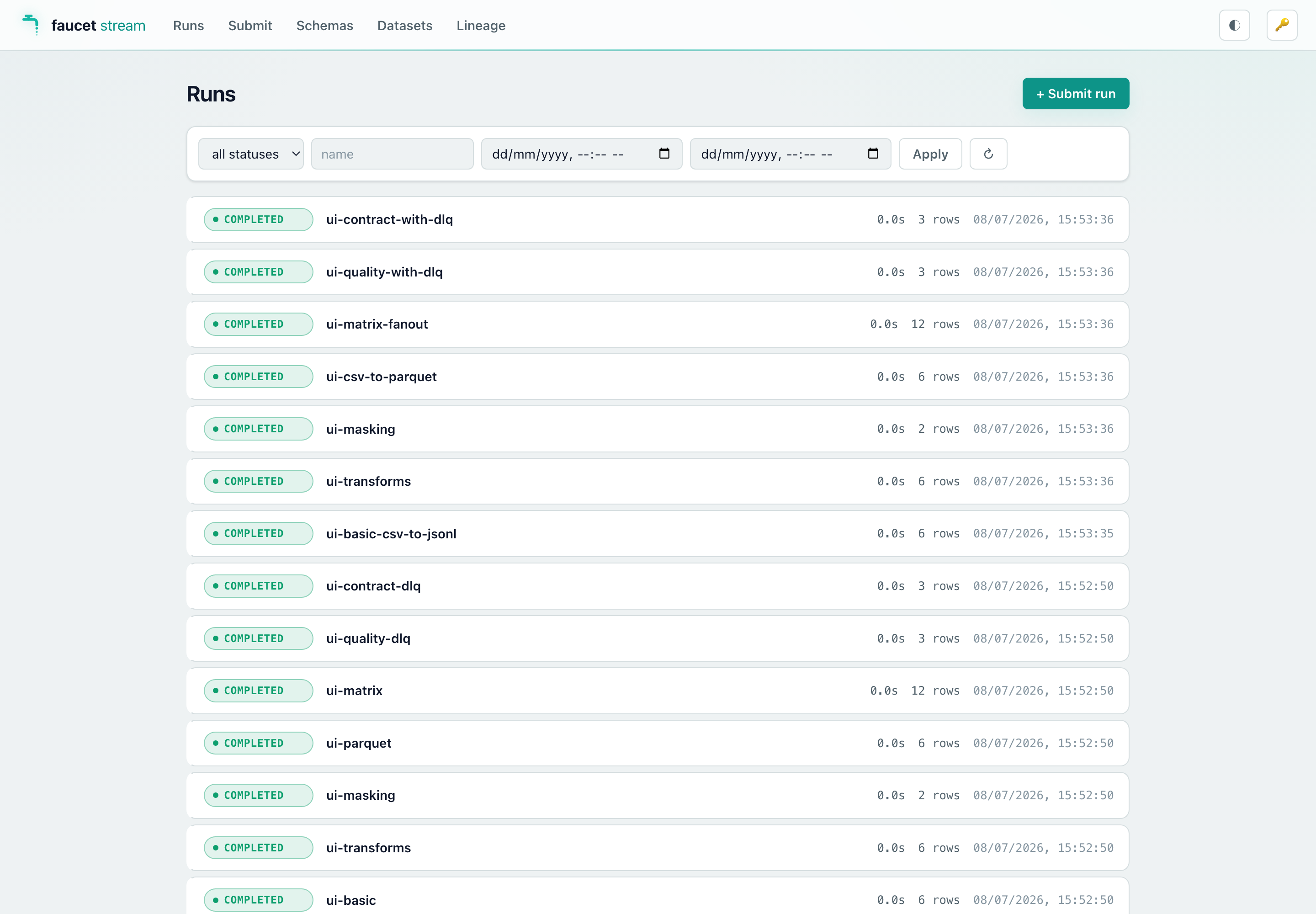 The Runs dashboard, listing completed runs with status badges, record counts, and timestamps
