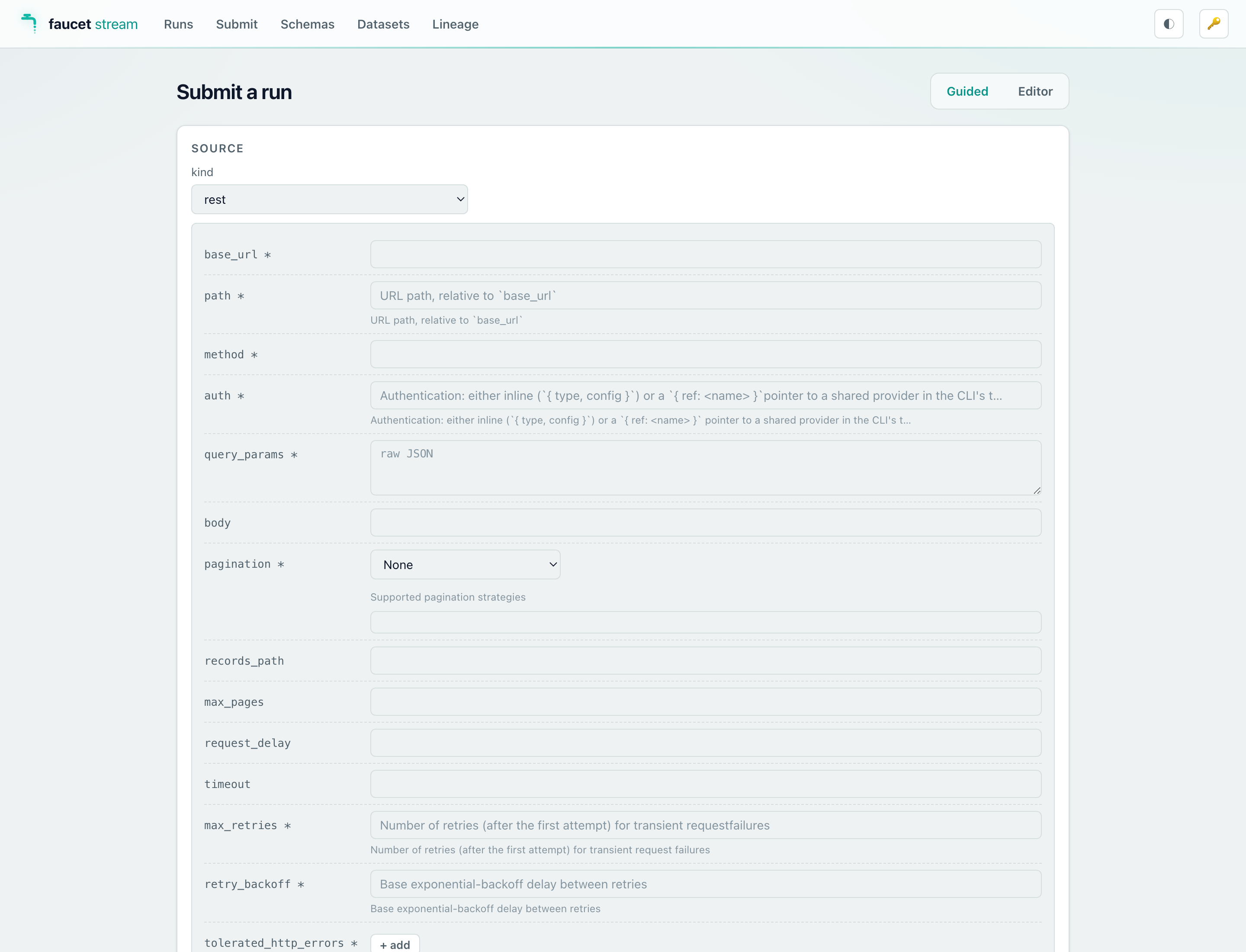 The Submit view in guided mode: a schema-driven form generated from the selected connector’s JSON Schema